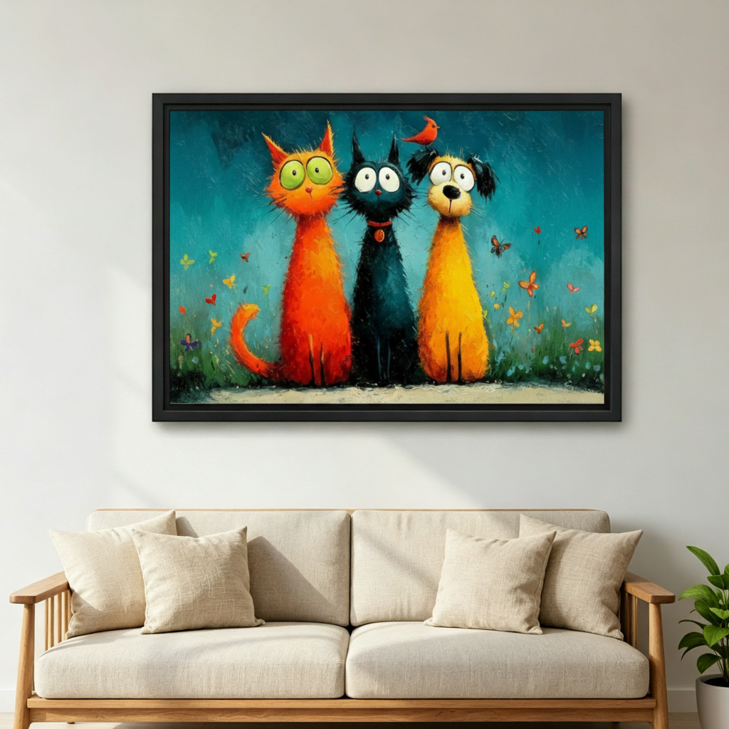 Whimsical cat dog trio framed canvas print above linen sofa, colorful pet wall art, black frame