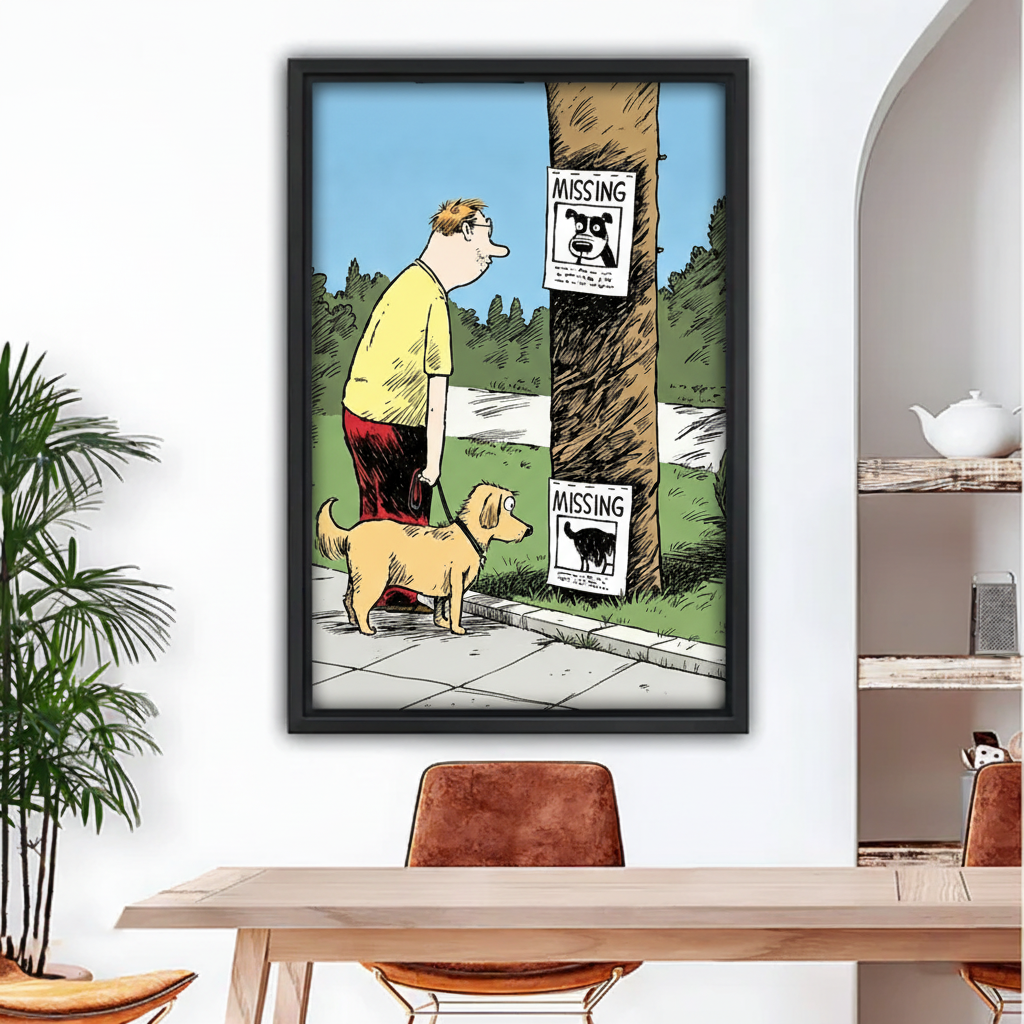 Funny dog walk missing poster black framed wall art print in a modern dining room with arched doorway, humorous cartoon canvas decor