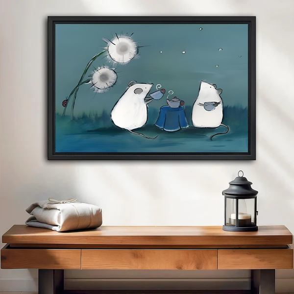 Whimsical illustration framed canvas wall art of two white mice sharing a steaming teapot by a glowing dandelion at night, cozy teal blue tones, entryway console table decor