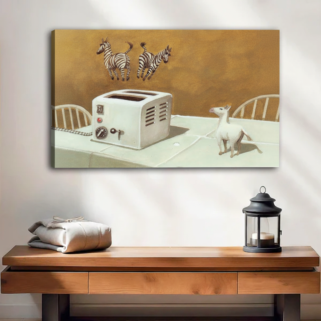 Whimsical zebra toaster canvas art print displayed above wooden entryway console — surreal animal wall decor