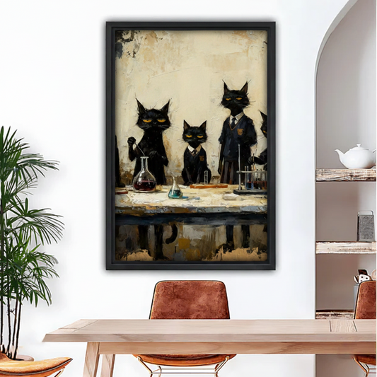 Vintage black cats scientist lab framed canvas wall art in black frame above dining table, funny oil painting cats in school uniforms with lab equipment
