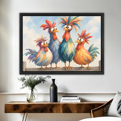 Woman holding framed whimsical rooster family canvas art featuring four colorful birds beneath a blue sky