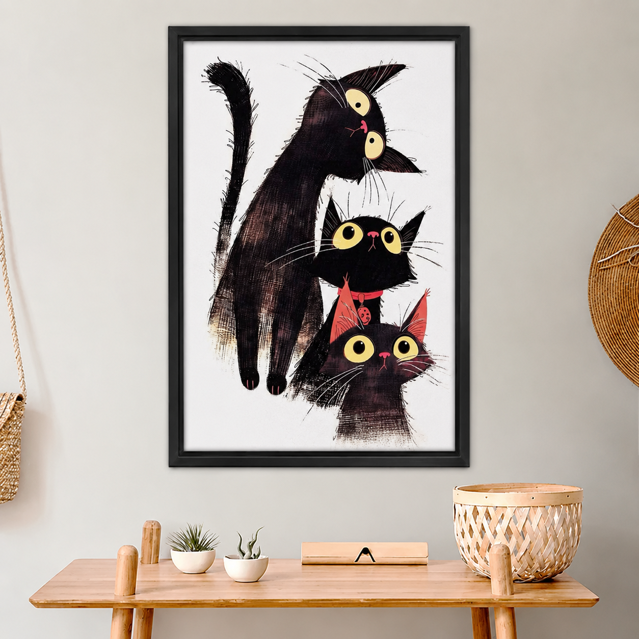 Three Black Cats Whimsical Illustration Framed Wall Art – Stacked Funny Cats with Big Yellow Eyes Print