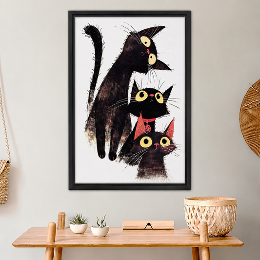 Three Black Cats Whimsical Illustration Framed Wall Art – Stacked Funny Cats with Big Yellow Eyes Print