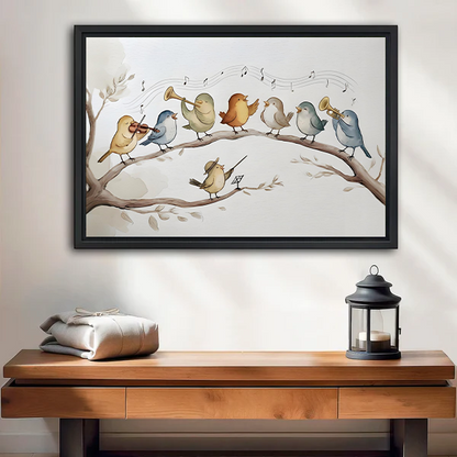 Woman holding black-framed bird orchestra canvas wall art with seven watercolor-style birds, instruments, and musical notes.