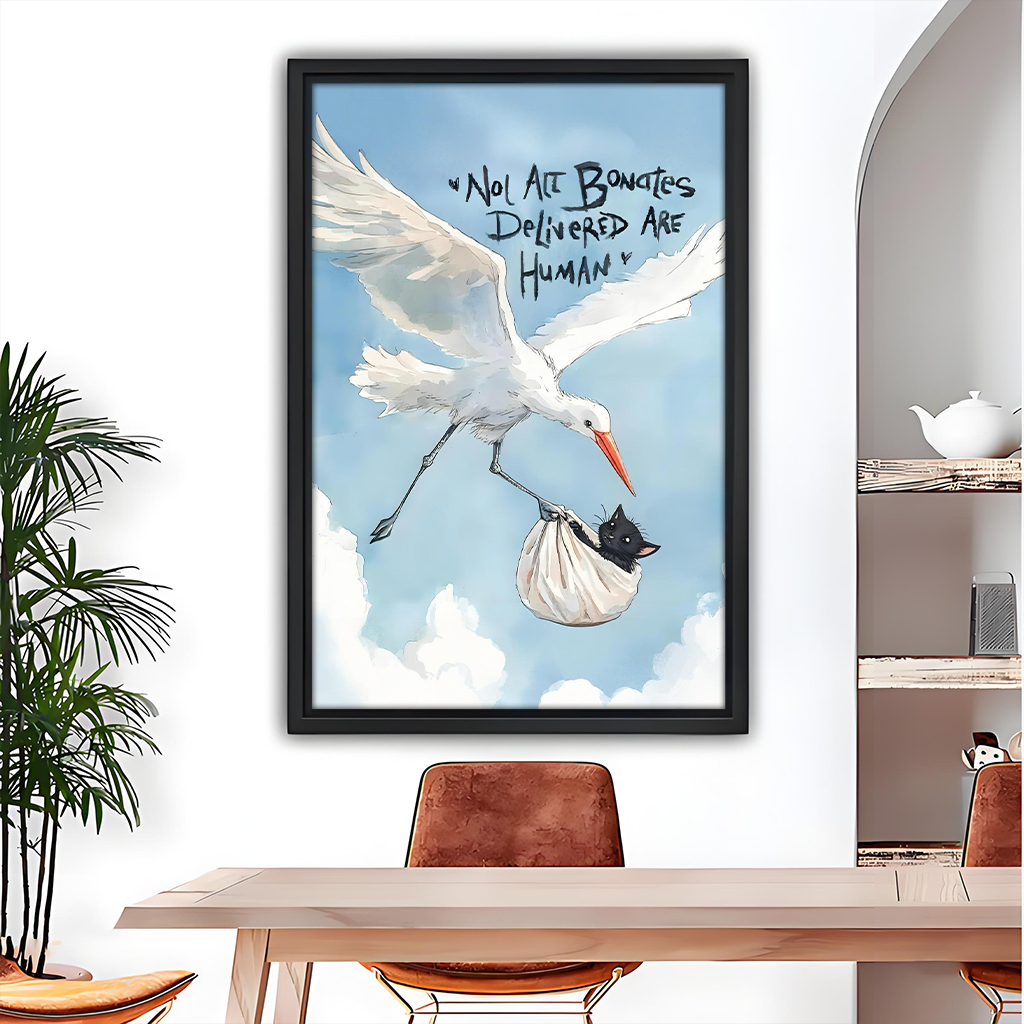 Funny cat stork delivery framed wall art print in dining room