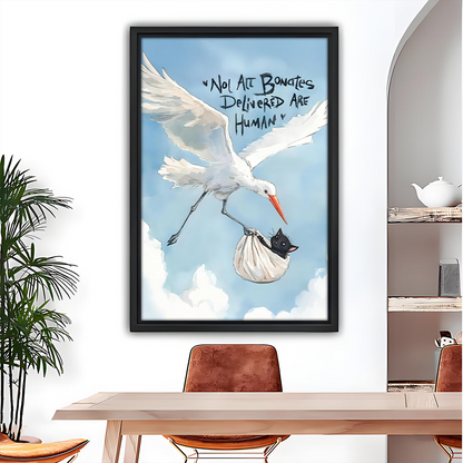 Funny cat stork delivery framed wall art print in dining room