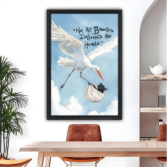 Funny cat stork delivery framed wall art print in dining room