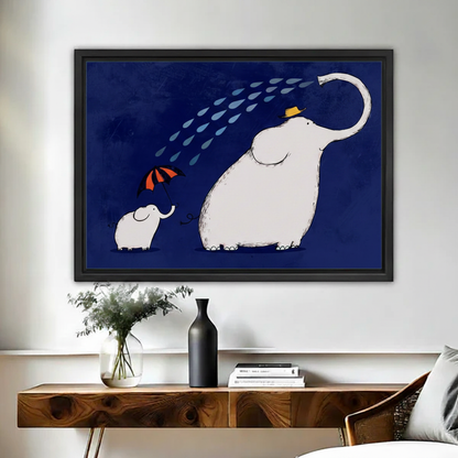 Mother elephant yellow hat spraying water baby elephant red umbrella whimsical navy blue wall art print in black frame above rustic wood console table with black vase and white flowers in modern living room