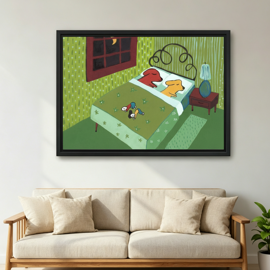 Whimsical dogs stole the bed framed wall art above linen sofa, retro green bedroom dog illustration, black frame, Scandinavian living room decor for dog lovers