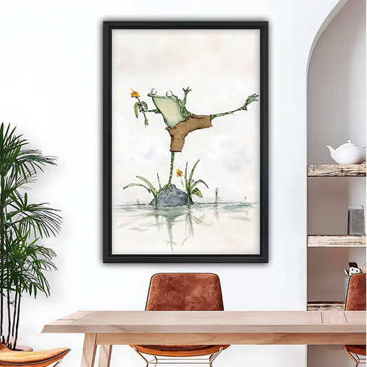 Dancing frog watercolor framed wall art print hanging in modern dining room above wooden table