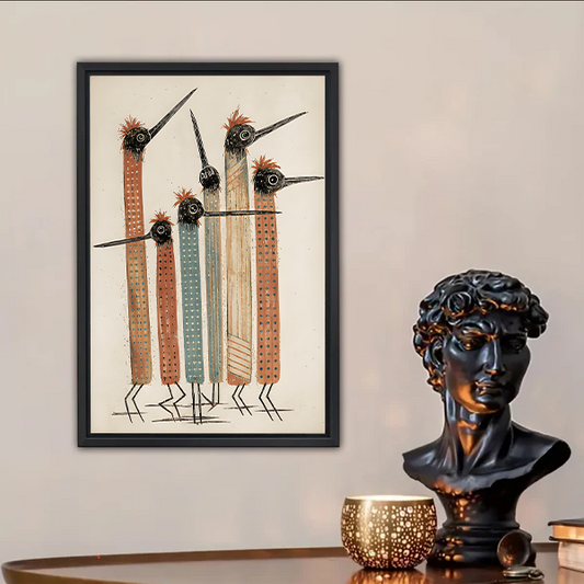 Five tall abstract tribal birds with red fluffy crests long pointed beaks striped terracotta and grey-blue bodies with dot texture patterns folk art hand-drawn illustration on aged cream background framed wall art hung on warm grey wall above dark walnut wooden sideboard with black David bust sculpture gold perforated candle holder and stacked books