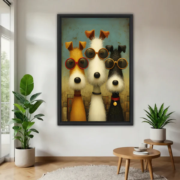 Vintage dogs sunglasses framed canvas wall art print retro style living room decor
