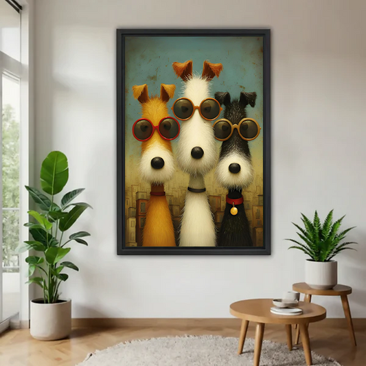 Vintage dogs sunglasses framed canvas wall art print retro style living room decor