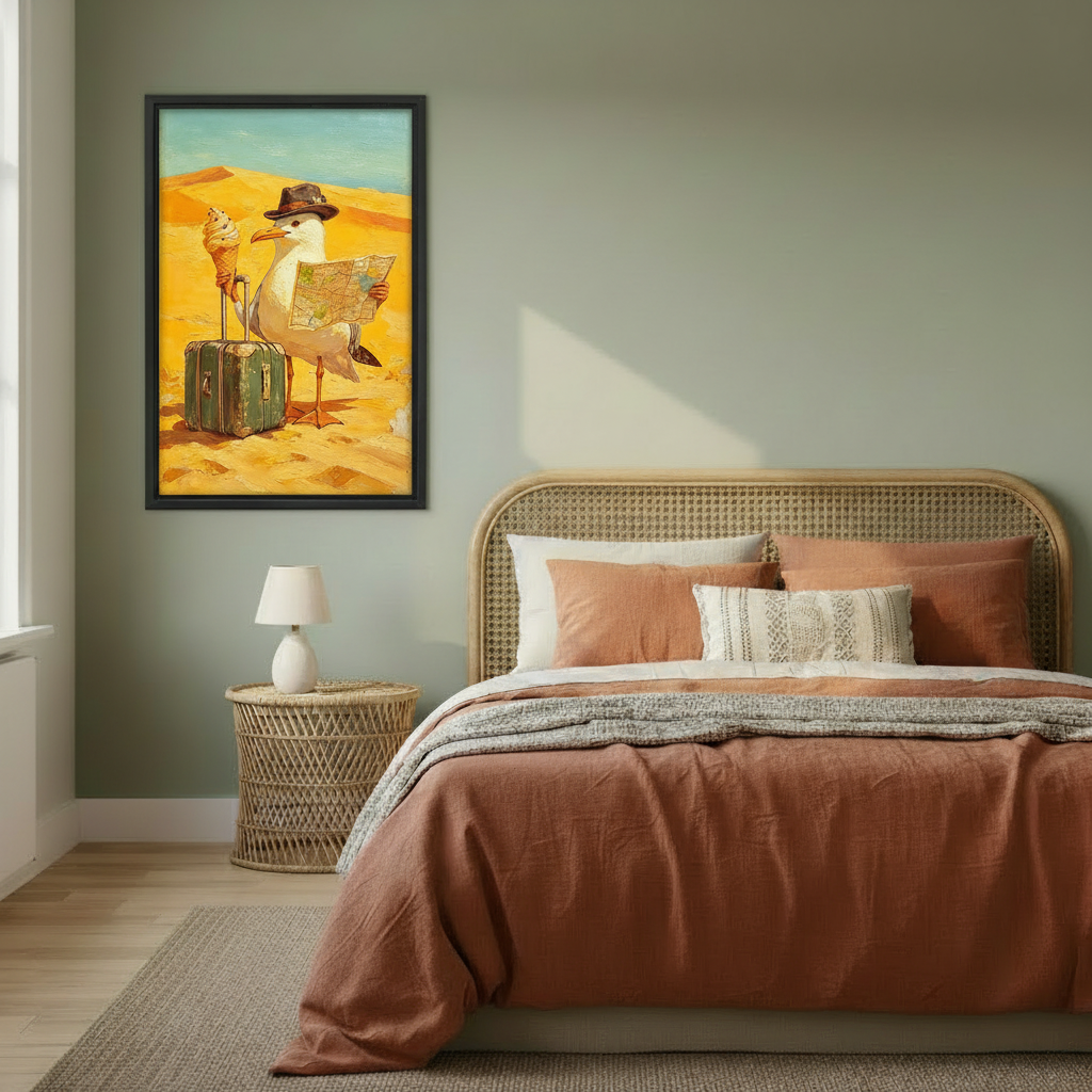 Funny seagull traveler framed canvas wall art beside rattan bed on sage green wall, whimsical oil painting bird with hat and vintage suitcase