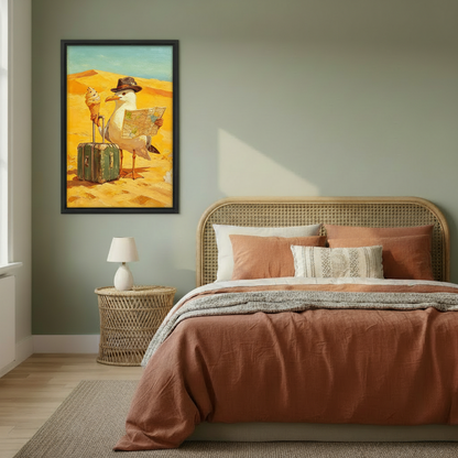 Funny seagull traveler framed canvas wall art beside rattan bed on sage green wall, whimsical oil painting bird with hat and vintage suitcase
