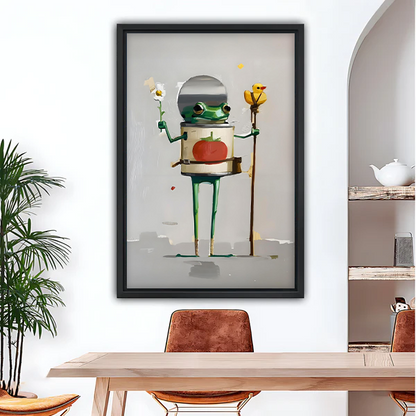 Surreal frog astronaut whimsical framed wall art print hanging in dining room above wooden table