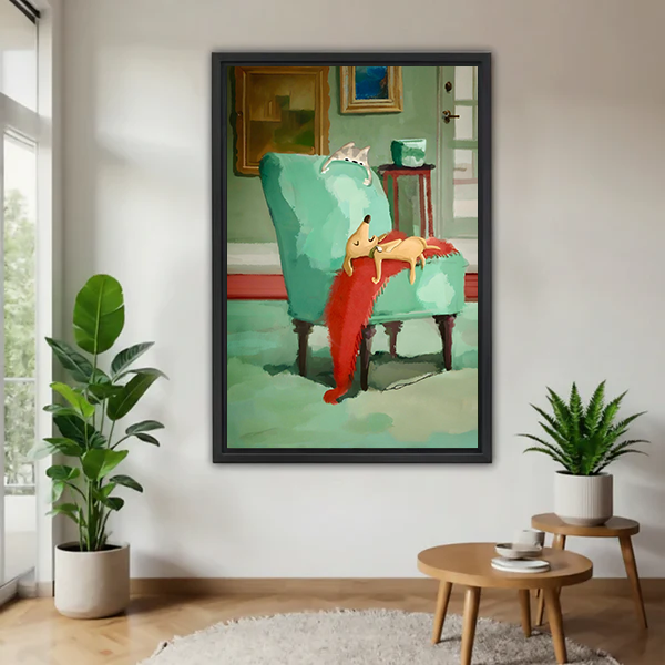 Whimsical lazy dog napping on teal armchair wall art print in black frame with plants