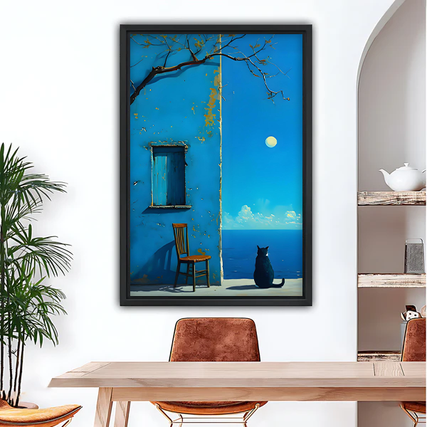 Black cat moonlit sea blue wall framed canvas wall art in black frame, dreamy Mediterranean oil painting for dining room decor