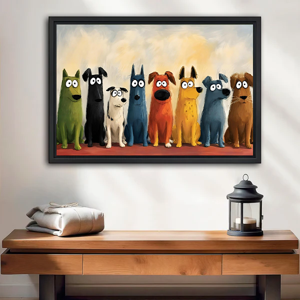 Colorful Cartoon Dogs Lineup Oil Painting Black Framed Wall Art Print Entryway Decor