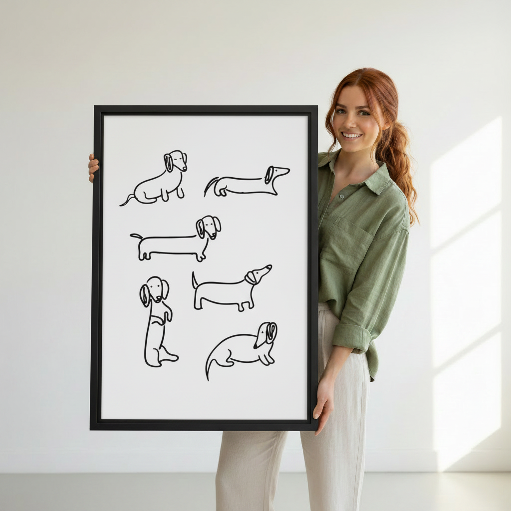 Woman holding large framed minimalist dachshund line art print – six wiener dog poses, black and white wall decor