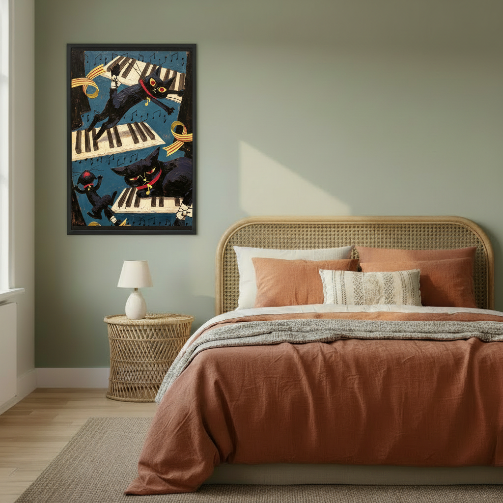Black cat piano framed canvas wall art beside rattan bed, vibrant jazz cats with red collars and gold ribbons bedroom decor
