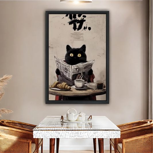 Framed black cat reading newspaper wall art print in dining room setting