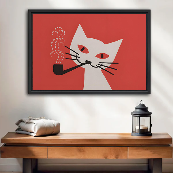 Mid-century modern white cat smoking pipe retro framed canvas wall art in black frame above wooden console table with lantern