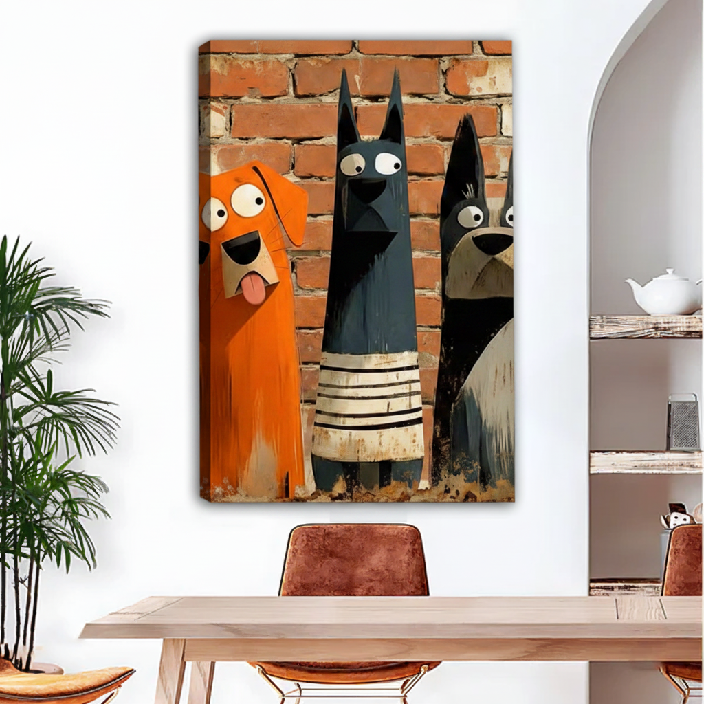 Three cartoon dogs brick wall gallery wrap canvas wall art no frame above dining table, graffiti style orange black grey dog print