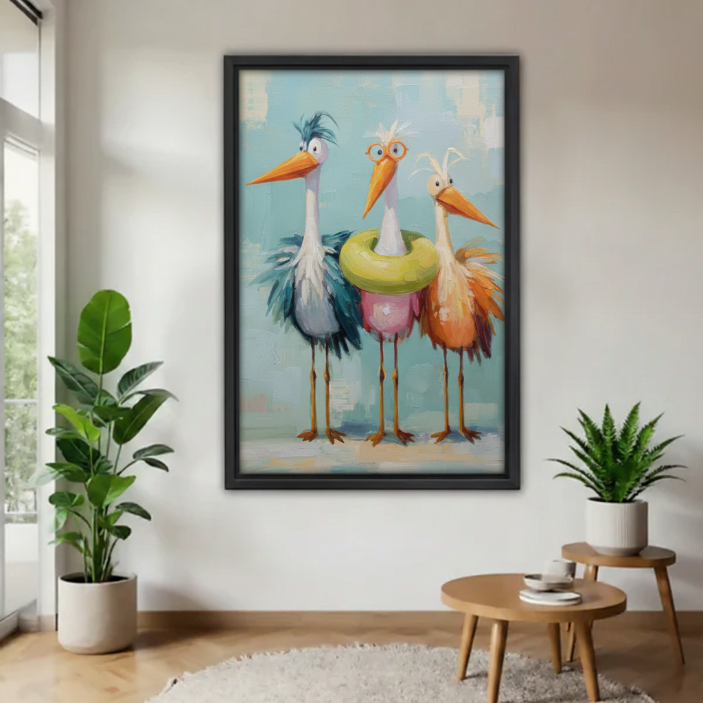 Whimsical bird wall art, three funny storks with pool float and glasses, black framed canvas print for entryway decor