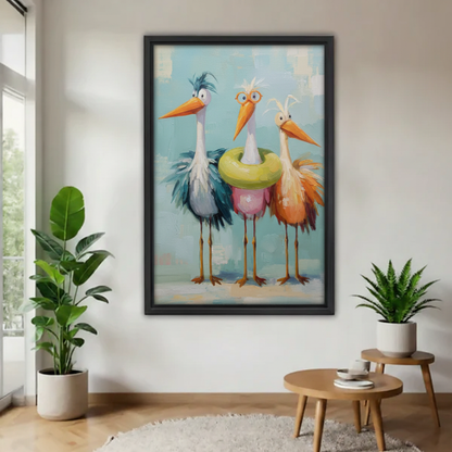 Whimsical bird wall art, three funny storks with pool float and glasses, black framed canvas print for entryway decor