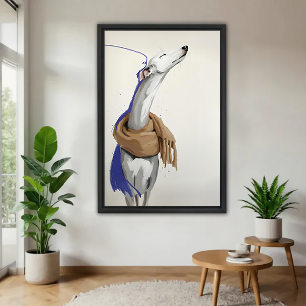 Elegant greyhound scarf watercolor modern framed canvas wall art – chic dog portrait print in minimalist living room with plants and wood side table