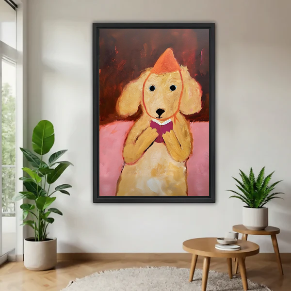 Golden dog in orange party hat holding heart oil painting style black framed canvas wall art in minimalist living room with green plants