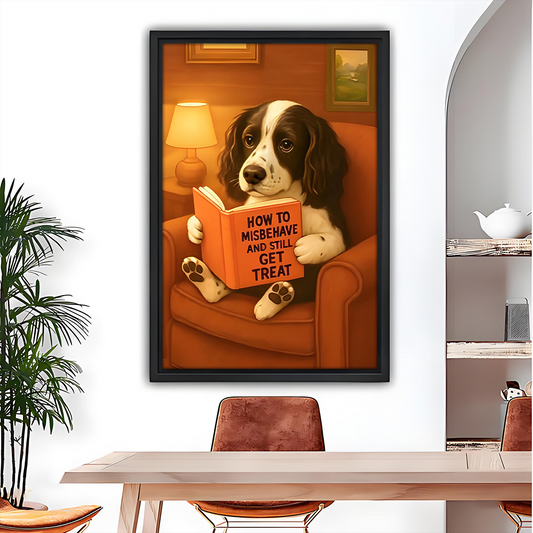 Funny dog reading vintage wall art print in black frame above dining table with spaniel holding How to Misbehave book