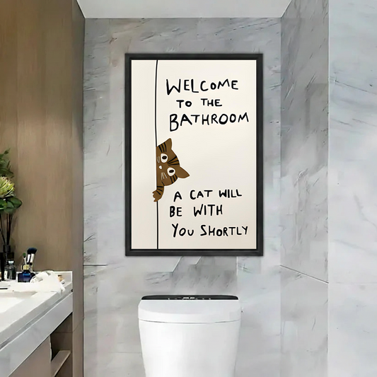 Funny peeking cat welcome to the bathroom framed canvas wall art – humorous cat print above toilet in marble bathroom