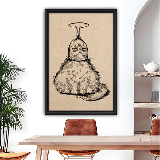Funny grumpy cat wine glass sketch wall art print in black frame, dining room decor