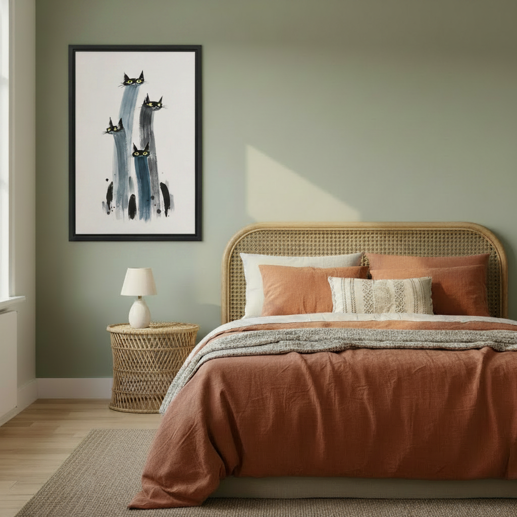 Minimalist black cat watercolor framed canvas print on sage green bedroom wall beside rattan bed