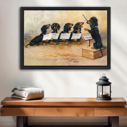 Dachshund choir conductor Victorian vintage gallery wrap canvas wall art above wooden console table