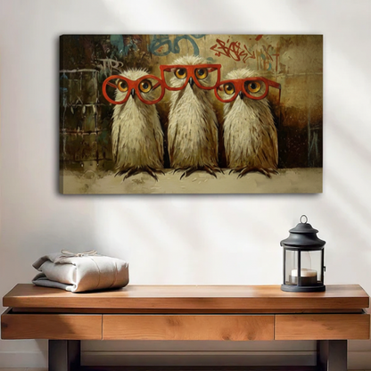 Three funny owls with red glasses unframed canvas wall art above wooden console table, whimsical graffiti background animal print