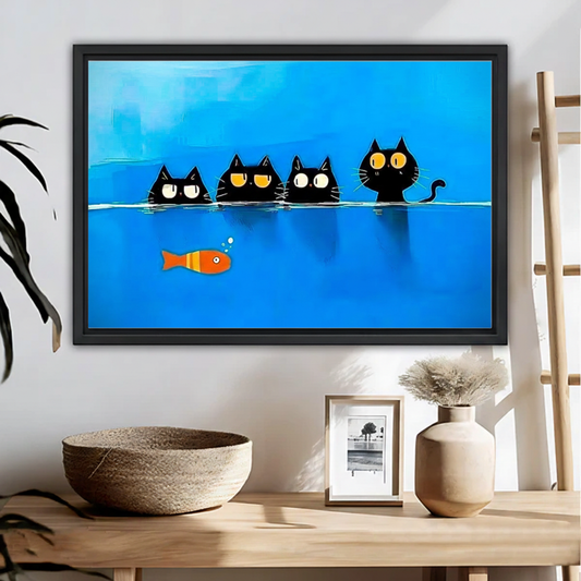 Four Black Cats Watching Goldfish Framed Wall Art – Bold Blue Pop Art Print for Cat Lovers