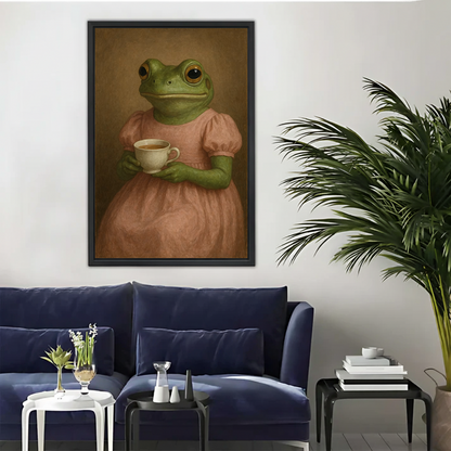 Tea Time Frog Lady Vintage Wall Art – Cottagecore Animal Portrait Canvas Print | Liberty Signs#L926