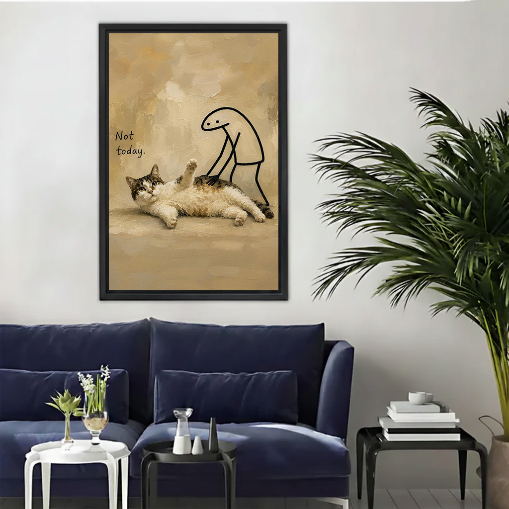 Funny cat refusing touch 'Not Today' framed oil painting wall art print above a navy sofa in a modern living room