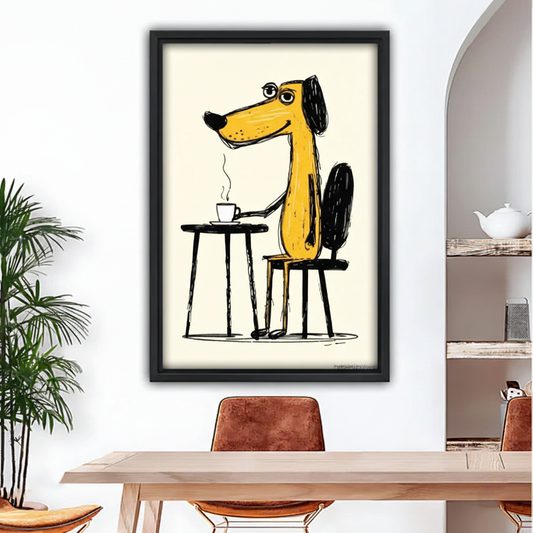 Funny dog drinking coffee wall art, whimsical yellow cartoon dog sitting at cafe table with steaming cup, black framed canvas print for dining room decor

