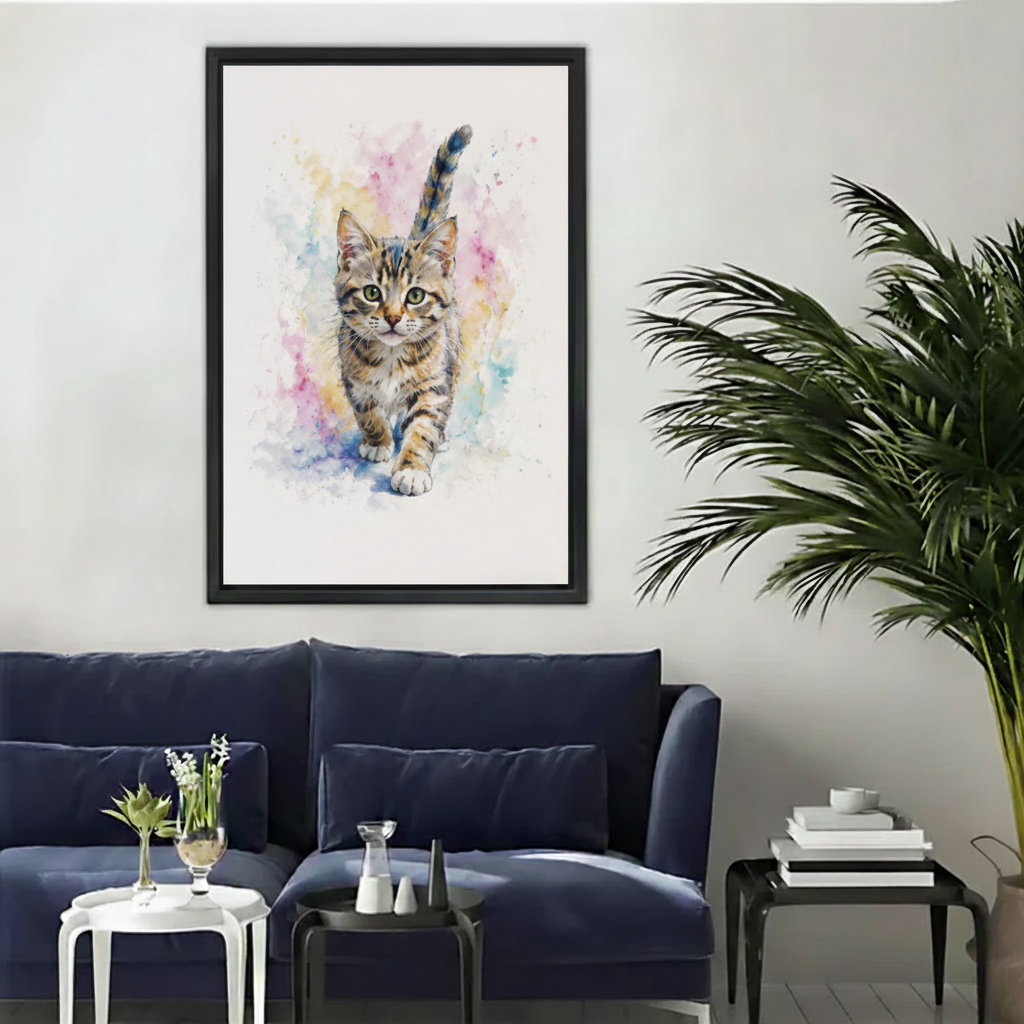 Sleeping elephant red heels whimsical framed canvas wall art in black frame above navy blue sofa in modern living room