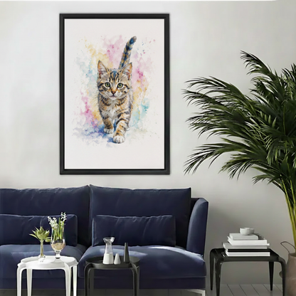 Sleeping elephant red heels whimsical framed canvas wall art in black frame above navy blue sofa in modern living room