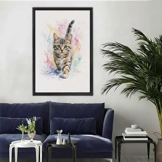 Sleeping elephant red heels whimsical framed canvas wall art in black frame above navy blue sofa in modern living room