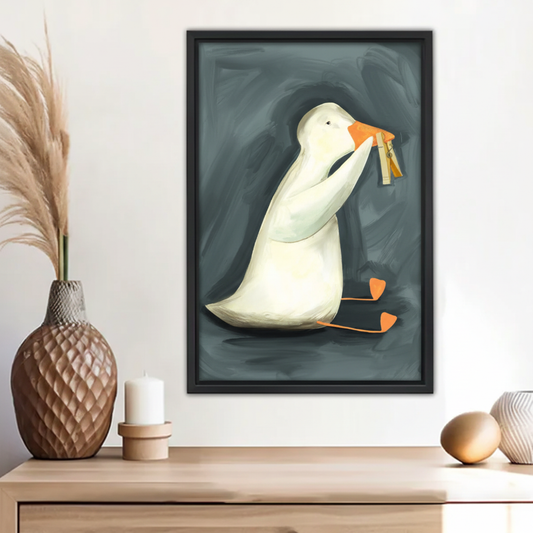 White Duck Clothespin Art Print in Boho Styled Room – Quirky Framed Modern Wall Decor with Pampas Grass