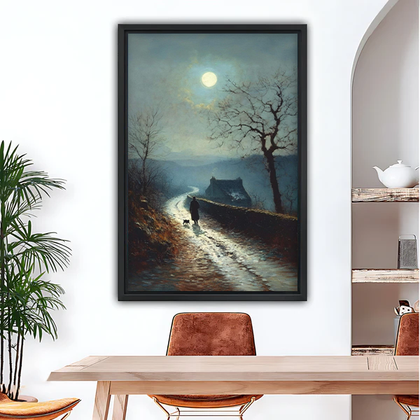 Moonlit path oil painting framed wall art print hanging in modern dining room above wooden table
