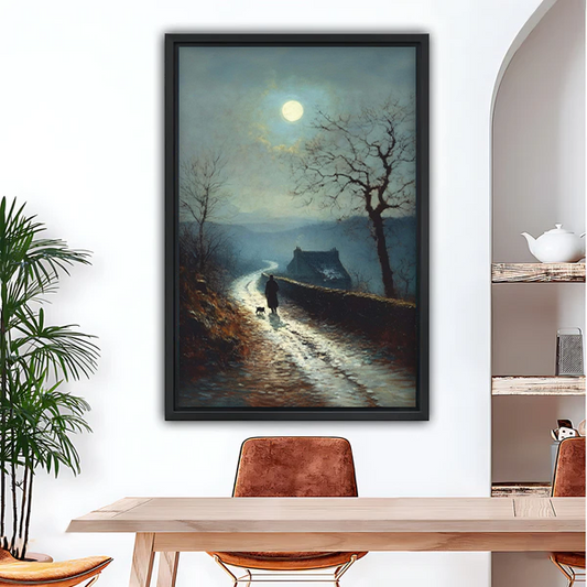 Moonlit path oil painting framed wall art print hanging in modern dining room above wooden table
