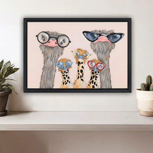 Five Ostriches Wearing Funky Sunglasses Framed Wall Art on White Shelf – Whimsical Pink Bird Print with Cactus Decor